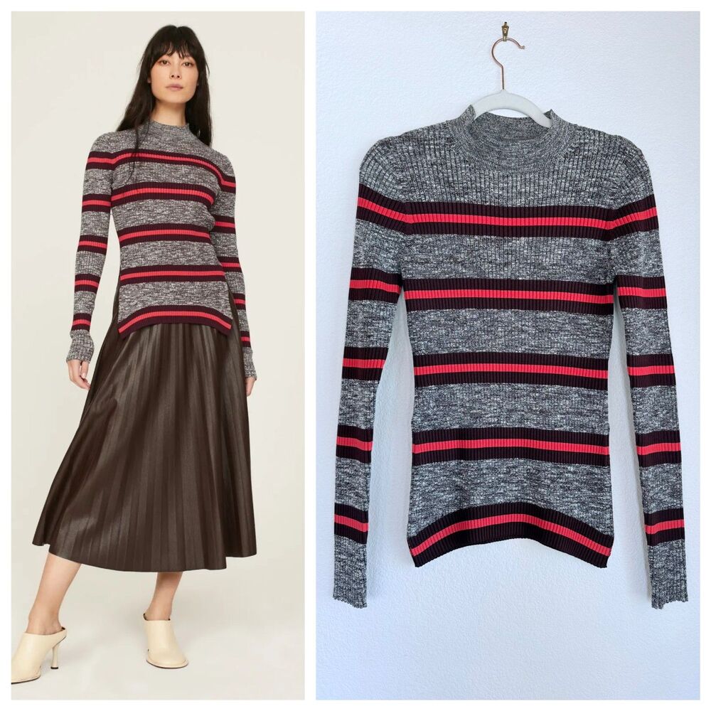 Proenza Schouler White Label Marled Stripe Mock Neck Sweater in Gray & Pink Sz M